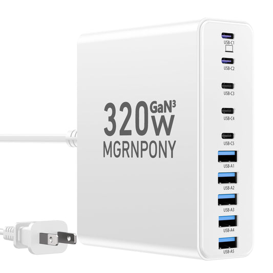 320W USB C Charger Block, 10-Port USB C Charging Station GaN III PD 65W Laptop Fast Charger Adapter for MacBook Pro/Air, DELL, iPad, iPhone, Samsung Galaxy Black