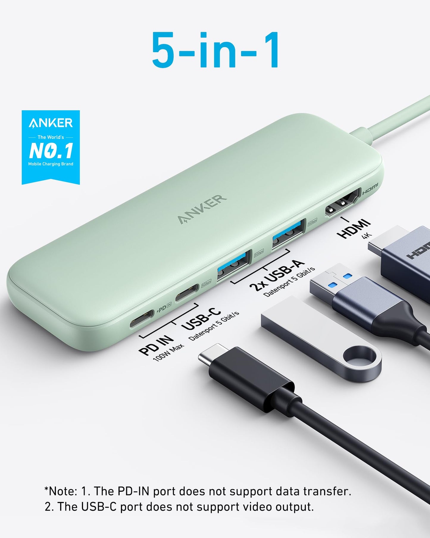 Anker USB C Hub, 5-in-1 USBC to HDMI Splitter with 4K Display, 1 x Powered USB-C 5Gbps & 2×Powered USB-A 3.0 5Gbps Data Ports for MacBook Pro, MacBook Air, Dell and More