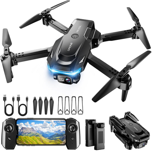 Drone with 1080P Camera - Foldable Remote Control Quadcopter with Gesture Control, 3D Flip, One Key Start, Emergency Stop, 2 Batteries, Easier to use, Toy for Adult Beginners, Black&Blue